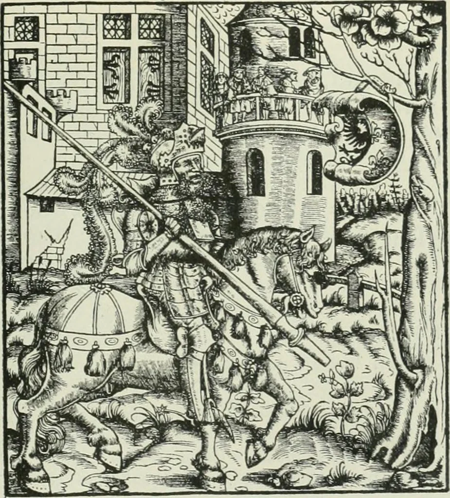 An illustration from Catalogue of an important library of rare and valuable books; incunabula typographica, mostly in original bindings; illustrated books of the XVIth and XVIIIth century; early Americana; Standard works on the fine arts; bibles and liturgical books; fine bindings; Judaica; early books on geography, etc., including Hypnerotomachia Poliphili, 1499; Schatzbehalter, 1491; Terentius, Venezia, 1497; Valturius, 1483; Dürers Hroswitha, Proportion a.o. Holbeins Dance of Death, 1538; The first Holbein Bible; Theuerdank, 1519; Monument du Costume; Janscha-Ziegler, Rheinansichten, etc, 1900, leaf 84