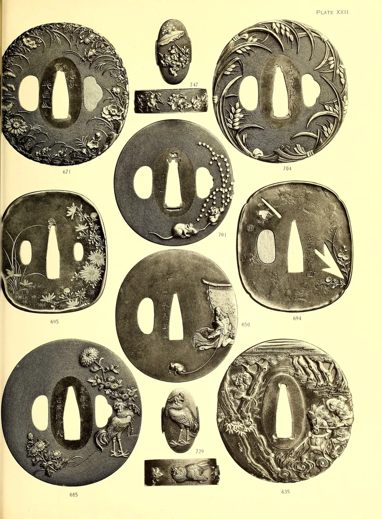 An illustration from Catalogue of an important and valuable collection of Japanese works of art including lacquer, inro, netsuke, swords, and sword furniture : being the third portion of the Gilbertson collection, 1917, leaf 105
