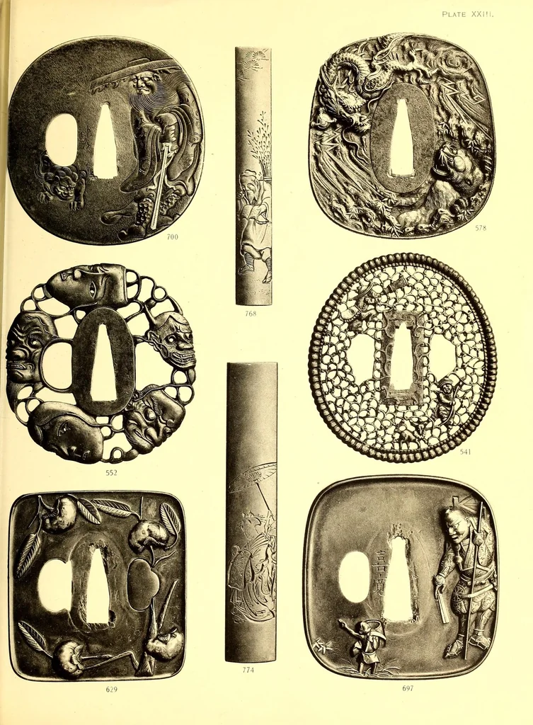 An illustration from Catalogue of an important and valuable collection of Japanese works of art including lacquer, inro, netsuke, swords, and sword furniture : being the third portion of the Gilbertson collection, 1917, leaf 107