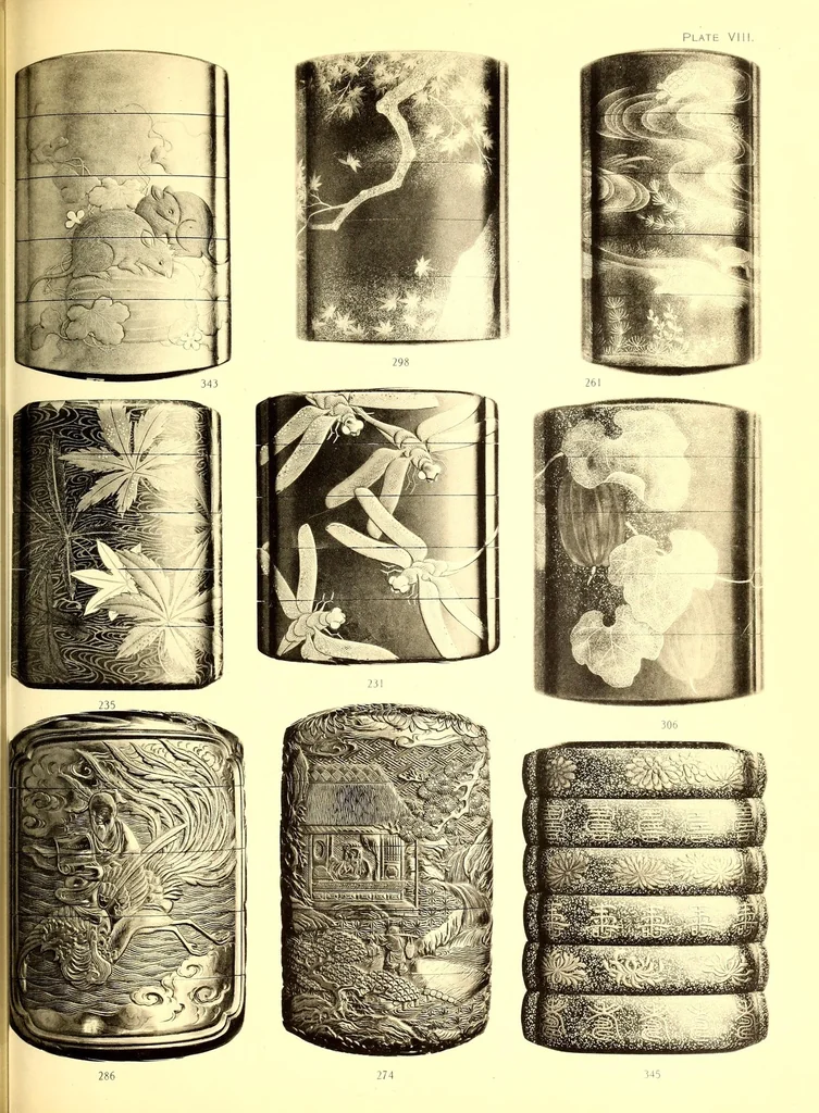 An illustration from Catalogue of an important and valuable collection of Japanese works of art including lacquer, inro, netsuke, swords, and sword furniture : being the third portion of the Gilbertson collection, 1917, leaf 77