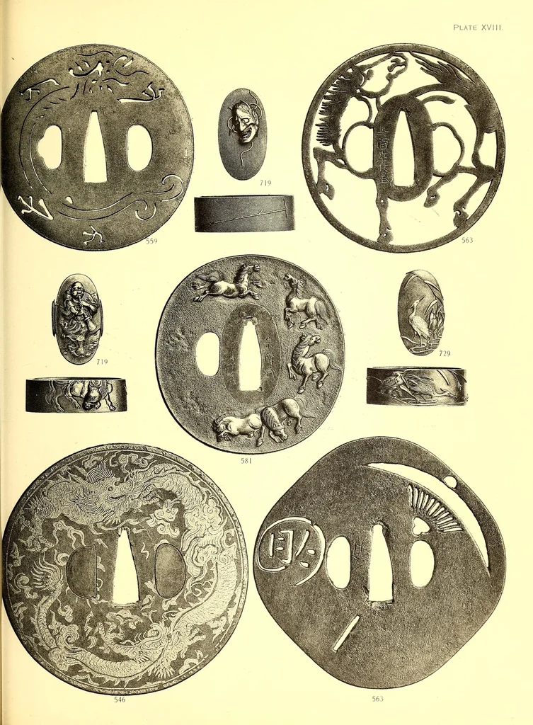 An illustration from Catalogue of an important and valuable collection of Japanese works of art including lacquer, inro, netsuke, swords, and sword furniture : being the third portion of the Gilbertson collection, 1917, leaf 97