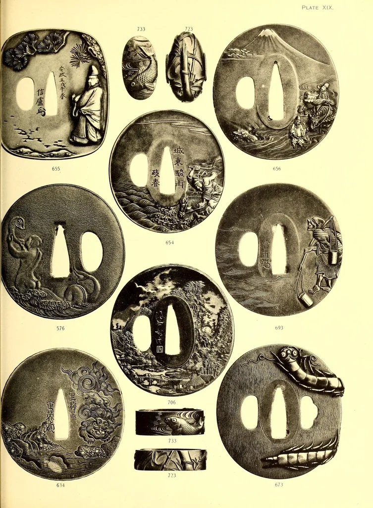 An illustration from Catalogue of an important and valuable collection of Japanese works of art including lacquer, inro, netsuke, swords, and sword furniture : being the third portion of the Gilbertson collection, 1917, leaf 99
