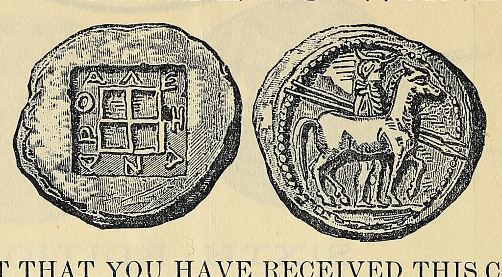 An illustration from Catalogue of old coins, stamps, curios, 1890, leaf 2