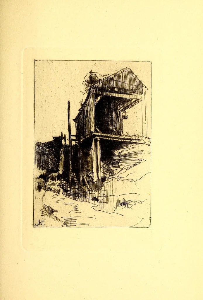 An illustration from Catalogue of paintings in oil and pastel by J. Alden Weir, N.A., member of the society of American Artists, Water Color Society and Pastel Club; honorable mention, Paris Salon; figure prize of the Water color Society; prize, American art Association and J. H. Twachtman, menber of the Etching Club. Webb prize, Society of American Artists, 1888. Member of Pastel Club. Membr of Society of American Artists, 1889, leaf 33