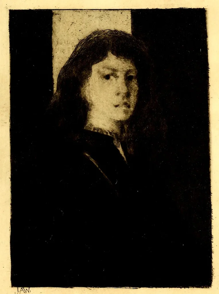 An illustration from Catalogue of paintings in oil and pastel by J. Alden Weir, N.A., member of the society of American Artists, Water Color Society and Pastel Club; honorable mention, Paris Salon; figure prize of the Water color Society; prize, American art Association and J. H. Twachtman, menber of the Etching Club. Webb prize, Society of American Artists, 1888. Member of Pastel Club. Membr of Society of American Artists, 1889, leaf 9