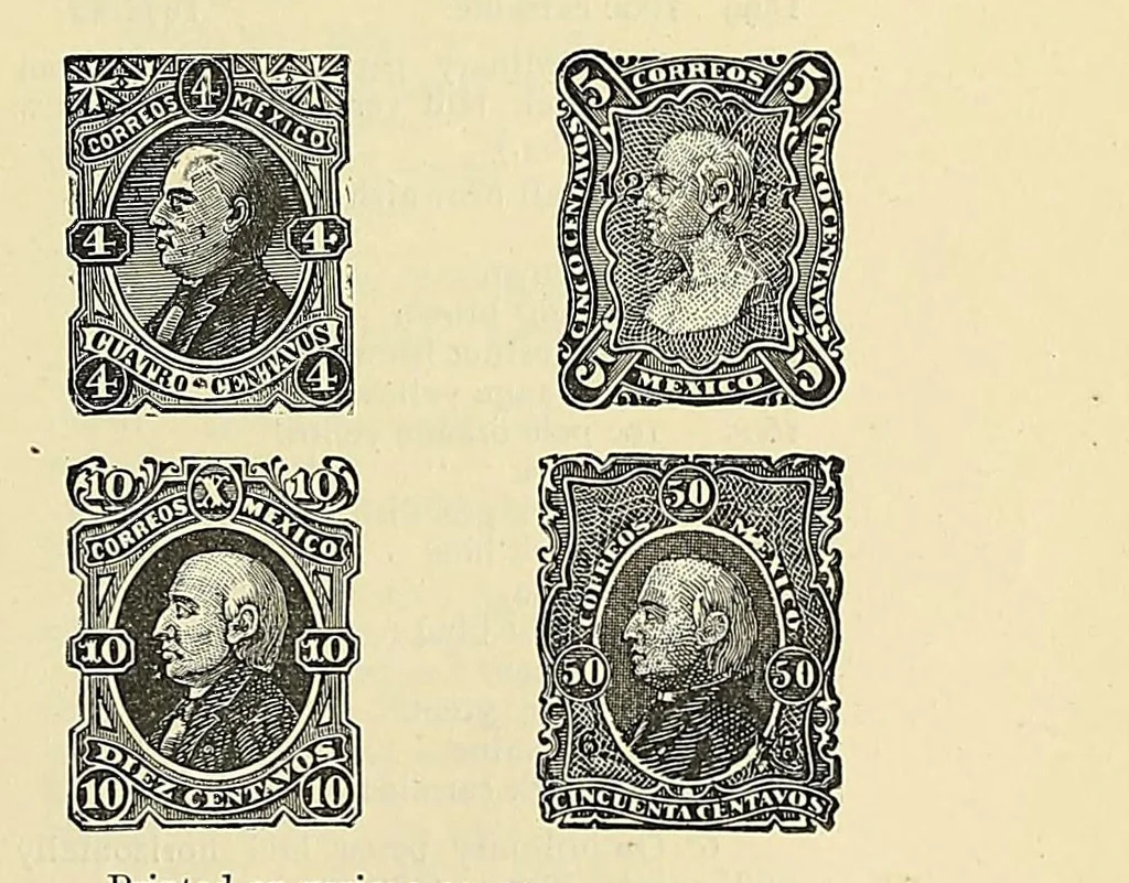 An illustration from Catalogue of the stamps, envelopes, wrappers and postal cards of Mexico : including the provisional issues of Campeche, Chiapas, Guadalajara, etc., 1895, leaf 55