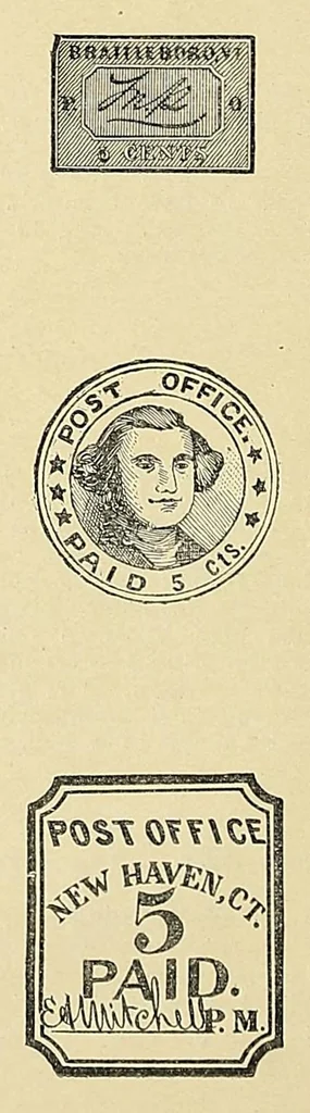 An illustration from Catalogue of the stamps, envelopes and wrappers of the United States of American and of the Confederate States of America, 1900, leaf 14