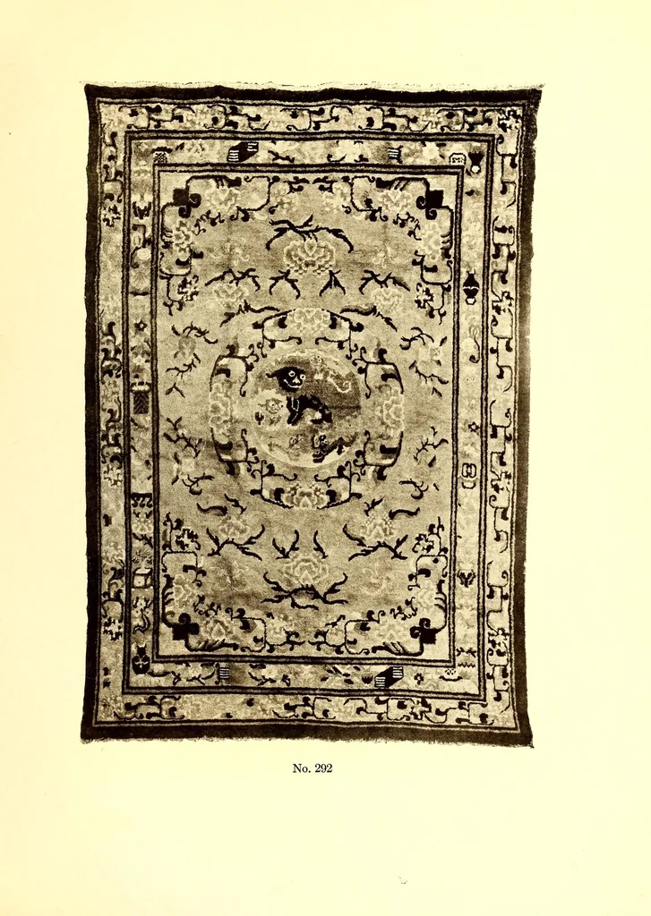 An illustration from Catalogue of Very Important Old Chinese Rugs and a Few Other Fare Works of Chinese Art Including Sculpture, Porcelains, Bronzes, Embroideries and Jewelry : From the collections of Frederick Moore of Peking, for several years a resident of China and John Kimberly Mumford of New York, author of "Oriental Rugs", 1916, leaf 109