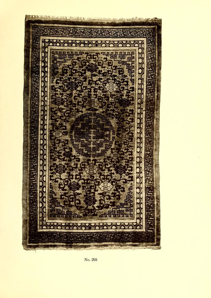 An illustration from Catalogue of Very Important Old Chinese Rugs and a Few Other Fare Works of Chinese Art Including Sculpture, Porcelains, Bronzes, Embroideries and Jewelry : From the collections of Frederick Moore of Peking, for several years a resident of China and John Kimberly Mumford of New York, author of "Oriental Rugs", 1916, leaf 113