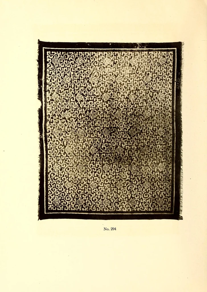 An illustration from Catalogue of Very Important Old Chinese Rugs and a Few Other Fare Works of Chinese Art Including Sculpture, Porcelains, Bronzes, Embroideries and Jewelry : From the collections of Frederick Moore of Peking, for several years a resident of China and John Kimberly Mumford of New York, author of "Oriental Rugs", 1916, leaf 122