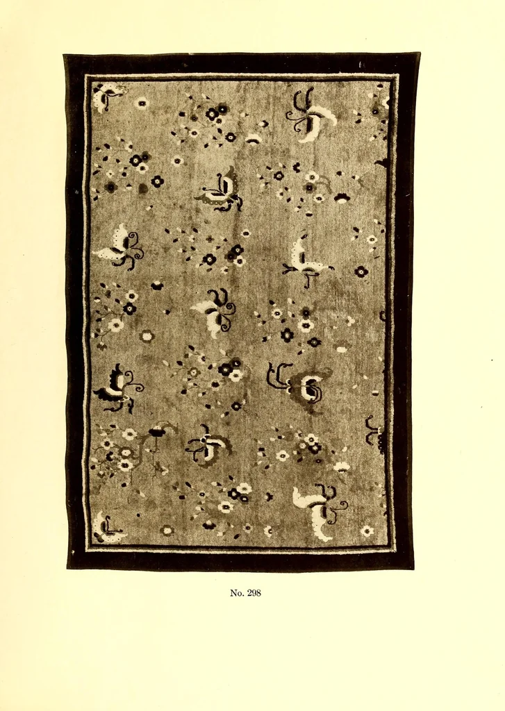 An illustration from Catalogue of Very Important Old Chinese Rugs and a Few Other Fare Works of Chinese Art Including Sculpture, Porcelains, Bronzes, Embroideries and Jewelry : From the collections of Frederick Moore of Peking, for several years a resident of China and John Kimberly Mumford of New York, author of "Oriental Rugs", 1916, leaf 123