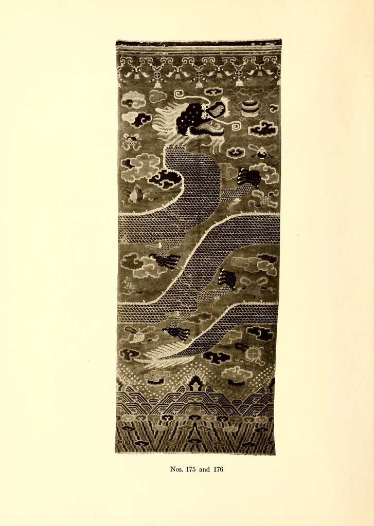 An illustration from Catalogue of Very Important Old Chinese Rugs and a Few Other Fare Works of Chinese Art Including Sculpture, Porcelains, Bronzes, Embroideries and Jewelry : From the collections of Frederick Moore of Peking, for several years a resident of China and John Kimberly Mumford of New York, author of "Oriental Rugs", 1916, leaf 34