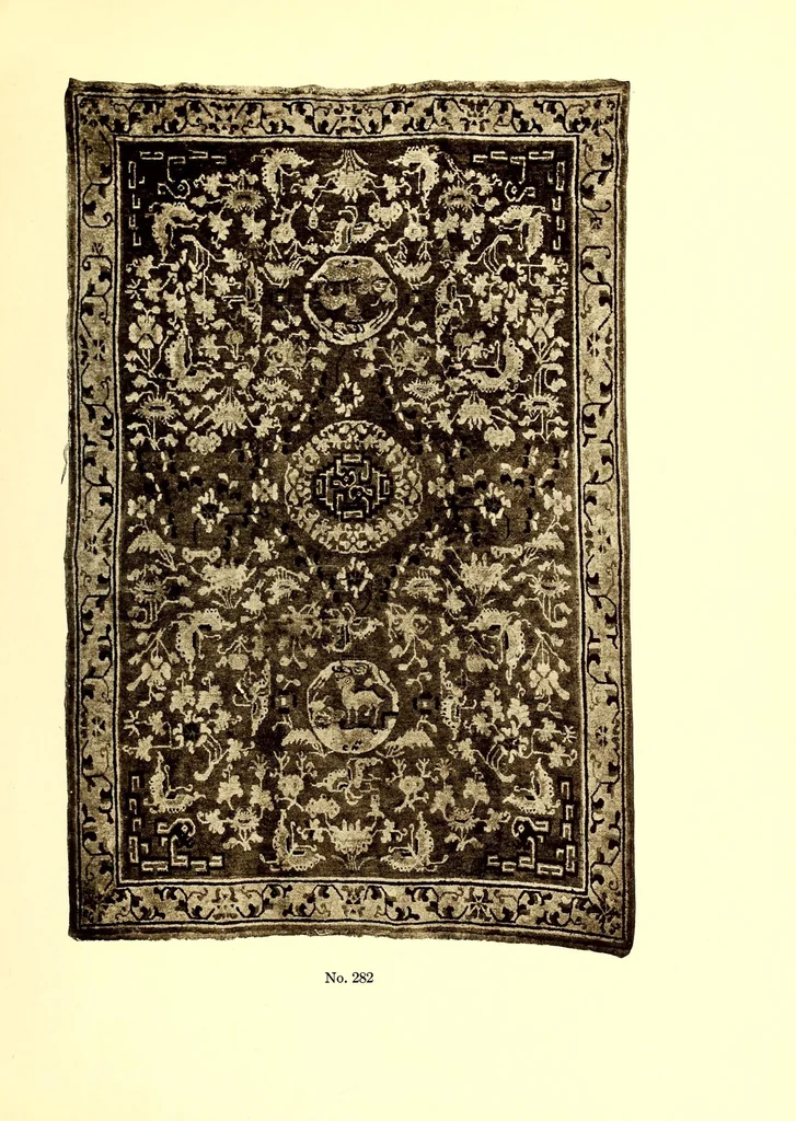 An illustration from Catalogue of Very Important Old Chinese Rugs and a Few Other Fare Works of Chinese Art Including Sculpture, Porcelains, Bronzes, Embroideries and Jewelry : From the collections of Frederick Moore of Peking, for several years a resident of China and John Kimberly Mumford of New York, author of "Oriental Rugs", 1916, leaf 85