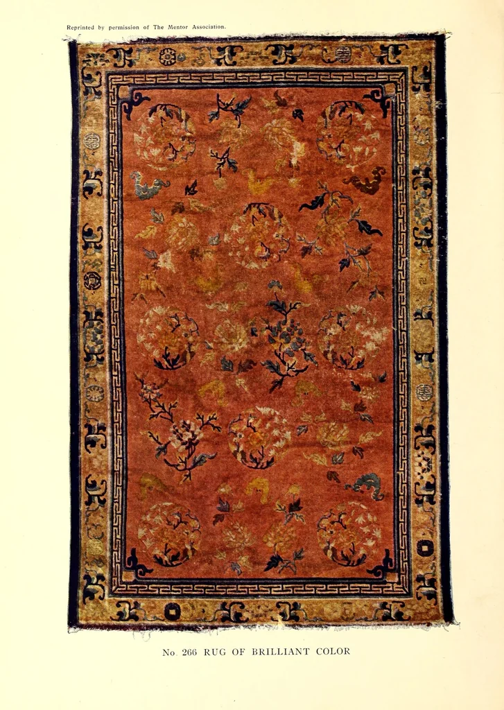 An illustration from Catalogue of Very Important Old Chinese Rugs and a Few Other Fare Works of Chinese Art Including Sculpture, Porcelains, Bronzes, Embroideries and Jewelry : From the collections of Frederick Moore of Peking, for several years a resident of China and John Kimberly Mumford of New York, author of "Oriental Rugs", 1916, leaf 90