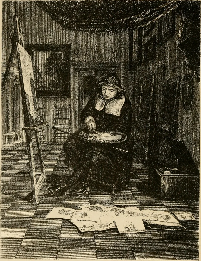 An illustration from A catalogue raisonné of the works of the most eminent Dutch, Flemish, and French painters : in which is included a short biographical notice of the artists, with a copious description of their principal pictures; a statement of the prices at which such pictures have been sold at public sales on the continent and in England; a reference to the galleries and private collections, in which a large portion are at present; and the names of the artists by whom they have been engraved; to which is added, a brief notice of the scholars & imitators of the great masters of the above schools, 1908, leaf 7
