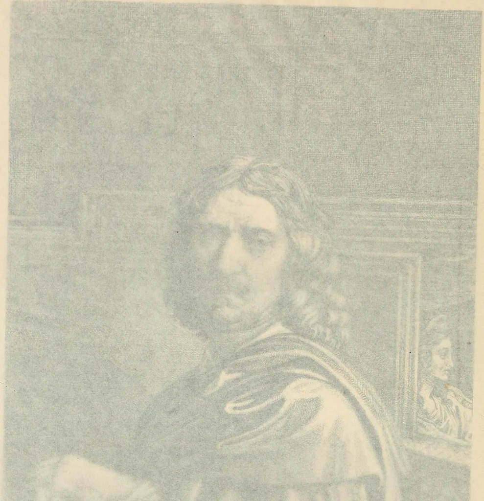 An illustration from A catalogue raisonné of the works of the most eminent Dutch, Flemish, and French painters : in which is included a short biographical notice of the artists, with a copious description of their principal pictures; a statement of the prices at which such pictures have been sold at public sales on the continent and in England; a reference to the galleries and private collections, in which a large portion are at present; and the names of the artists by whom they have been engraved; to which is added, a brief notice of the scholars & imitators of the great masters of the above schools, 1908, leaf 9