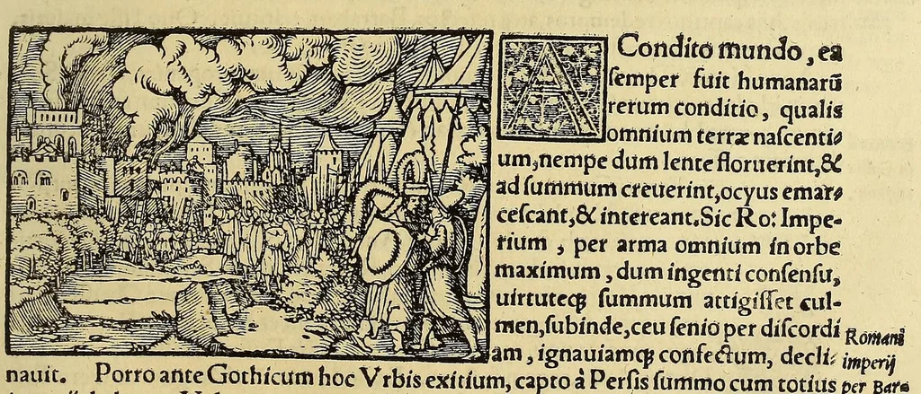 An illustration from Catalogus annorum et principum siue monarcharum mundi geminus plerisque in locis obscurioribus illustratus & in caelebrioribus locupletatus at[que] à mendis, recognitione diligenti repurgatus, : cum accessione multorum aliorum quae in priori aeditione non continebantur, quemadmodum suis locis toto libro uidere licebit, ab homine condito, us[que] in praesentem, à nato Christo, millesimum quingentesimum & quinquagesimum annum deductus & continuatus,, 1550, leaf 141