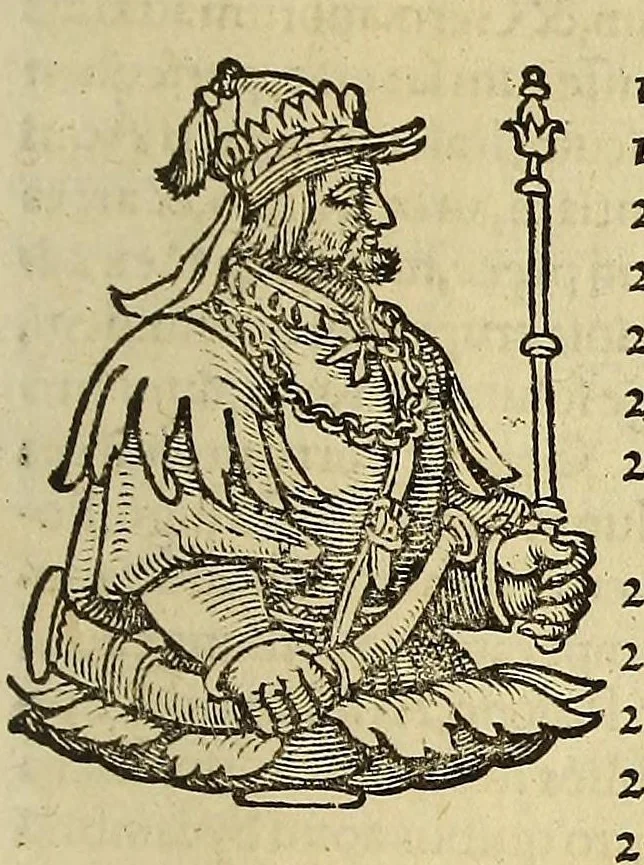 An illustration from Catalogus annorum et principum siue monarcharum mundi geminus plerisque in locis obscurioribus illustratus & in caelebrioribus locupletatus at[que] à mendis, recognitione diligenti repurgatus, : cum accessione multorum aliorum quae in priori aeditione non continebantur, quemadmodum suis locis toto libro uidere licebit, ab homine condito, us[que] in praesentem, à nato Christo, millesimum quingentesimum & quinquagesimum annum deductus & continuatus,, 1550, leaf 143