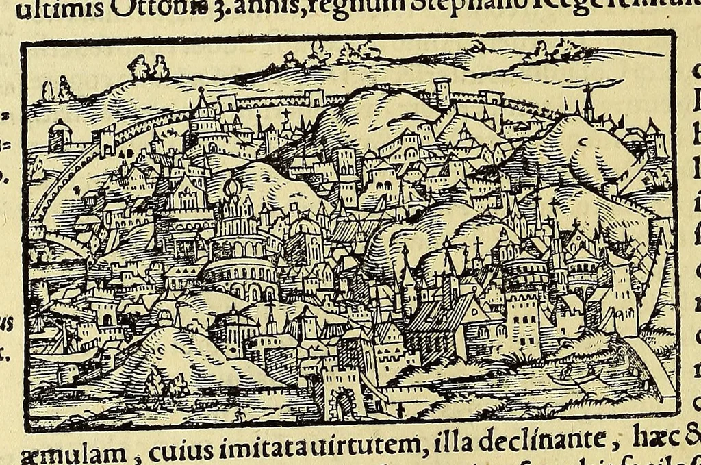 An illustration from Catalogus annorum et principum siue monarcharum mundi geminus plerisque in locis obscurioribus illustratus & in caelebrioribus locupletatus at[que] à mendis, recognitione diligenti repurgatus, : cum accessione multorum aliorum quae in priori aeditione non continebantur, quemadmodum suis locis toto libro uidere licebit, ab homine condito, us[que] in praesentem, à nato Christo, millesimum quingentesimum & quinquagesimum annum deductus & continuatus,, 1550, leaf 144