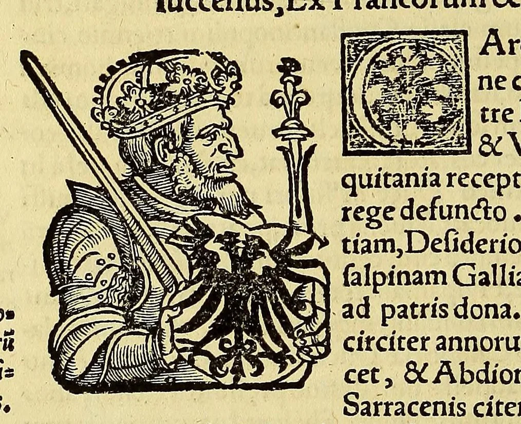 An illustration from Catalogus annorum et principum siue monarcharum mundi geminus plerisque in locis obscurioribus illustratus & in caelebrioribus locupletatus at[que] à mendis, recognitione diligenti repurgatus, : cum accessione multorum aliorum quae in priori aeditione non continebantur, quemadmodum suis locis toto libro uidere licebit, ab homine condito, us[que] in praesentem, à nato Christo, millesimum quingentesimum & quinquagesimum annum deductus & continuatus,, 1550, leaf 156