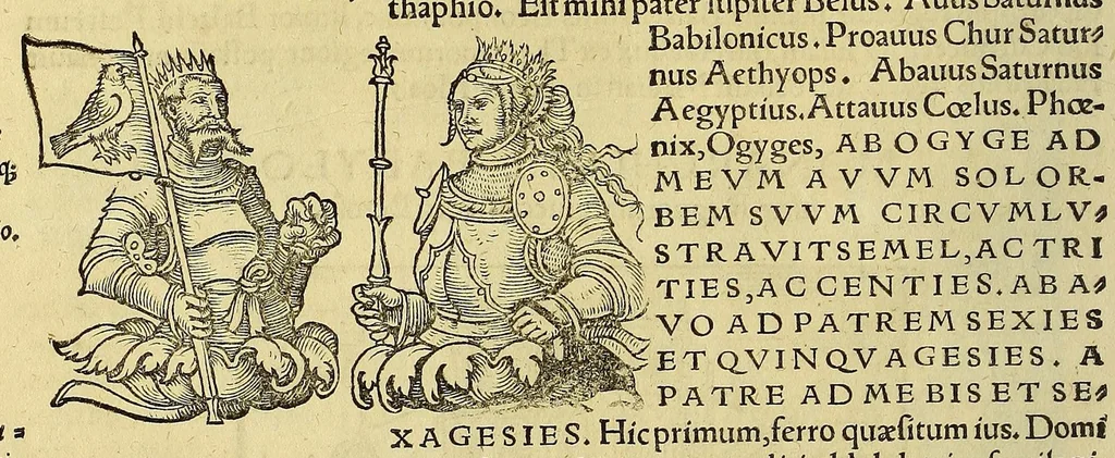 An illustration from Catalogus annorum et principum siue monarcharum mundi geminus plerisque in locis obscurioribus illustratus & in caelebrioribus locupletatus at[que] à mendis, recognitione diligenti repurgatus, : cum accessione multorum aliorum quae in priori aeditione non continebantur, quemadmodum suis locis toto libro uidere licebit, ab homine condito, us[que] in praesentem, à nato Christo, millesimum quingentesimum & quinquagesimum annum deductus & continuatus,, 1550, leaf 36