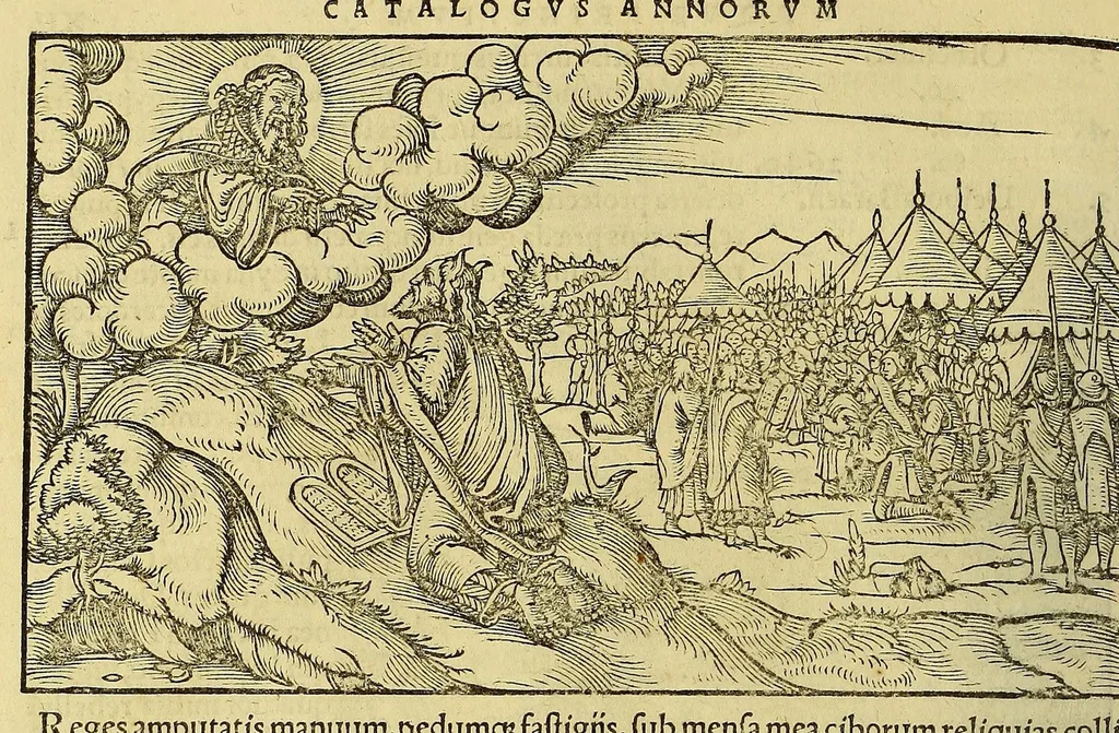 An illustration from Catalogus annorum et principum siue monarcharum mundi geminus plerisque in locis obscurioribus illustratus & in caelebrioribus locupletatus at[que] à mendis, recognitione diligenti repurgatus, : cum accessione multorum aliorum quae in priori aeditione non continebantur, quemadmodum suis locis toto libro uidere licebit, ab homine condito, us[que] in praesentem, à nato Christo, millesimum quingentesimum & quinquagesimum annum deductus & continuatus,, 1550, leaf 40