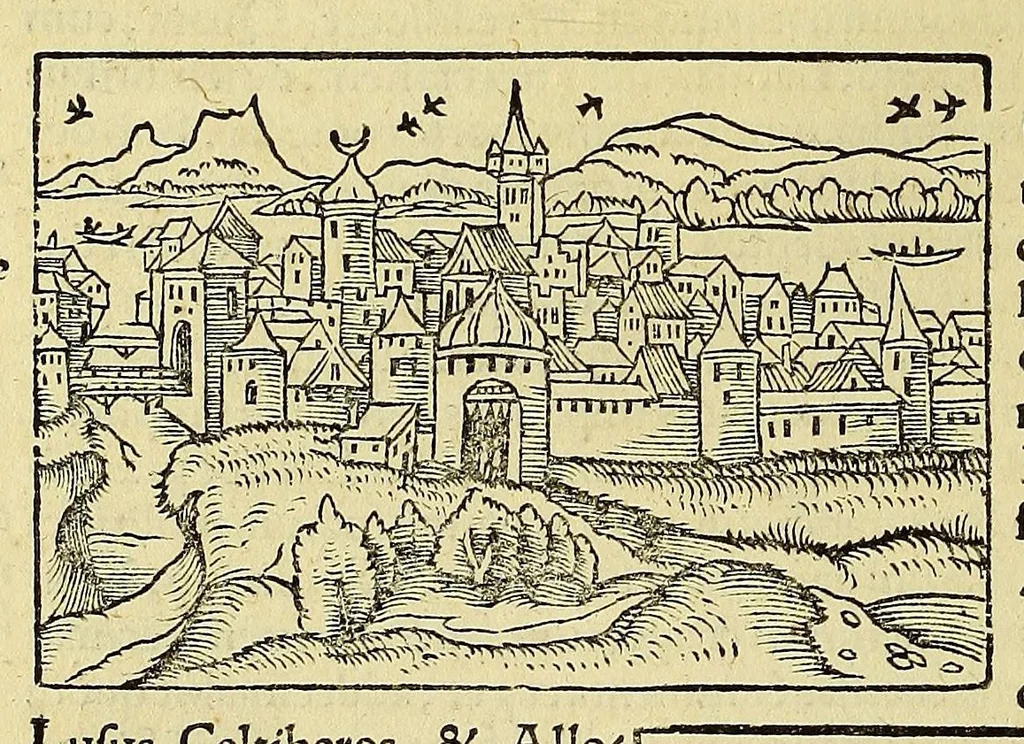 An illustration from Catalogus annorum et principum siue monarcharum mundi geminus plerisque in locis obscurioribus illustratus & in caelebrioribus locupletatus at[que] à mendis, recognitione diligenti repurgatus, : cum accessione multorum aliorum quae in priori aeditione non continebantur, quemadmodum suis locis toto libro uidere licebit, ab homine condito, us[que] in praesentem, à nato Christo, millesimum quingentesimum & quinquagesimum annum deductus & continuatus,, 1550, leaf 42