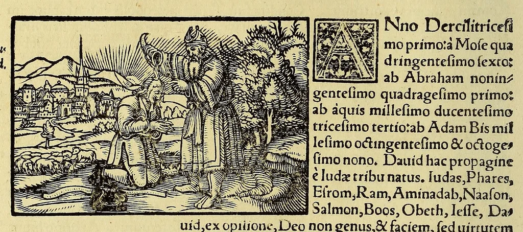 An illustration from Catalogus annorum et principum siue monarcharum mundi geminus plerisque in locis obscurioribus illustratus & in caelebrioribus locupletatus at[que] à mendis, recognitione diligenti repurgatus, : cum accessione multorum aliorum quae in priori aeditione non continebantur, quemadmodum suis locis toto libro uidere licebit, ab homine condito, us[que] in praesentem, à nato Christo, millesimum quingentesimum & quinquagesimum annum deductus & continuatus,, 1550, leaf 46