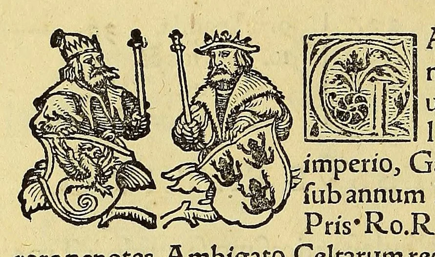 An illustration from Catalogus annorum et principum siue monarcharum mundi geminus plerisque in locis obscurioribus illustratus & in caelebrioribus locupletatus at[que] à mendis, recognitione diligenti repurgatus, : cum accessione multorum aliorum quae in priori aeditione non continebantur, quemadmodum suis locis toto libro uidere licebit, ab homine condito, us[que] in praesentem, à nato Christo, millesimum quingentesimum & quinquagesimum annum deductus & continuatus,, 1550, leaf 52