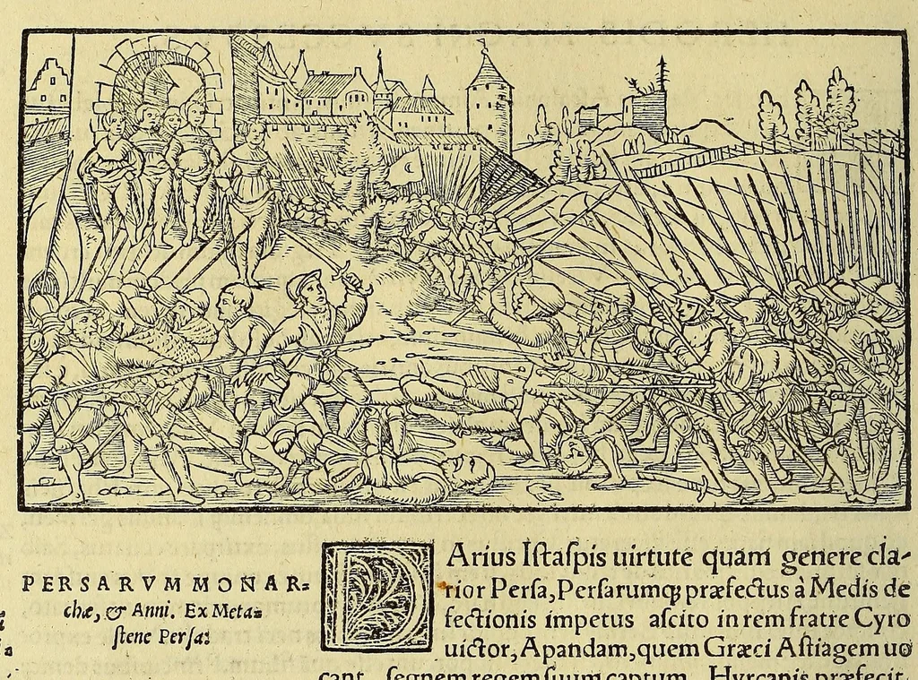 An illustration from Catalogus annorum et principum siue monarcharum mundi geminus plerisque in locis obscurioribus illustratus & in caelebrioribus locupletatus at[que] à mendis, recognitione diligenti repurgatus, : cum accessione multorum aliorum quae in priori aeditione non continebantur, quemadmodum suis locis toto libro uidere licebit, ab homine condito, us[que] in praesentem, à nato Christo, millesimum quingentesimum & quinquagesimum annum deductus & continuatus,, 1550, leaf 58