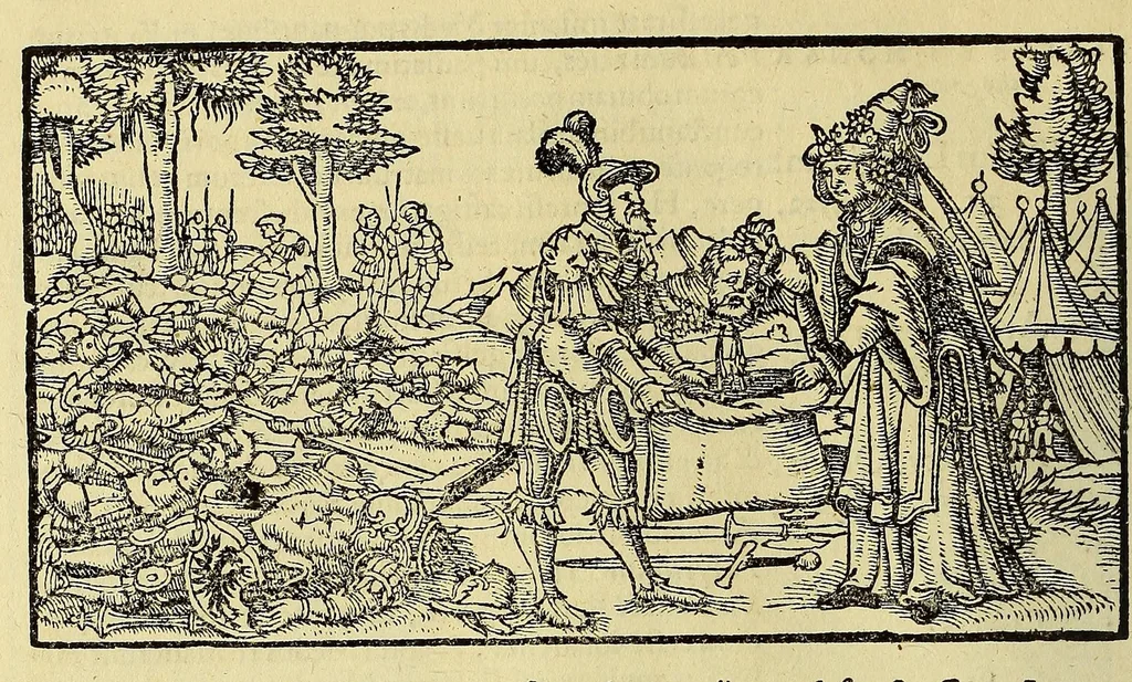 An illustration from Catalogus annorum et principum siue monarcharum mundi geminus plerisque in locis obscurioribus illustratus & in caelebrioribus locupletatus at[que] à mendis, recognitione diligenti repurgatus, : cum accessione multorum aliorum quae in priori aeditione non continebantur, quemadmodum suis locis toto libro uidere licebit, ab homine condito, us[que] in praesentem, à nato Christo, millesimum quingentesimum & quinquagesimum annum deductus & continuatus,, 1550, leaf 60