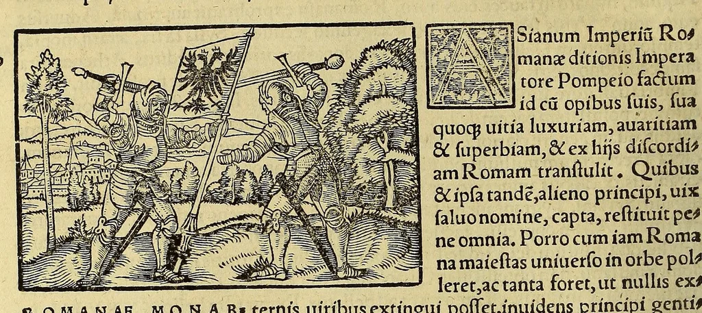 An illustration from Catalogus annorum et principum siue monarcharum mundi geminus plerisque in locis obscurioribus illustratus & in caelebrioribus locupletatus at[que] à mendis, recognitione diligenti repurgatus, : cum accessione multorum aliorum quae in priori aeditione non continebantur, quemadmodum suis locis toto libro uidere licebit, ab homine condito, us[que] in praesentem, à nato Christo, millesimum quingentesimum & quinquagesimum annum deductus & continuatus,, 1550, leaf 70