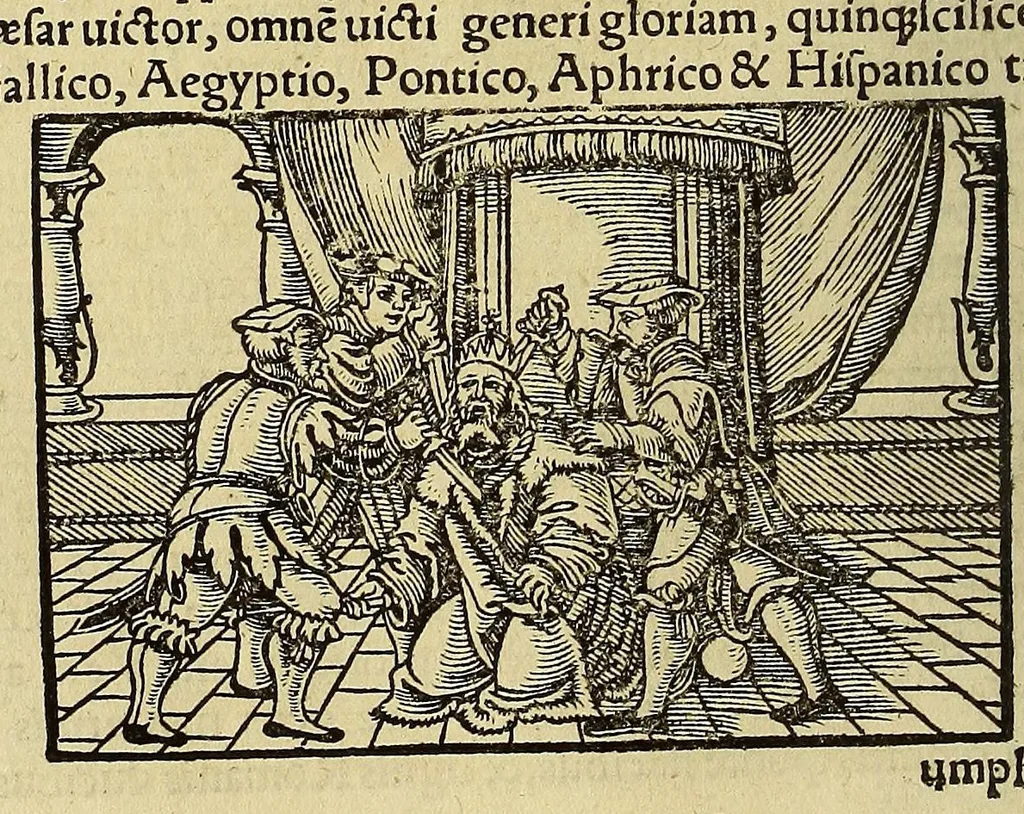 An illustration from Catalogus annorum et principum siue monarcharum mundi geminus plerisque in locis obscurioribus illustratus & in caelebrioribus locupletatus at[que] à mendis, recognitione diligenti repurgatus, : cum accessione multorum aliorum quae in priori aeditione non continebantur, quemadmodum suis locis toto libro uidere licebit, ab homine condito, us[que] in praesentem, à nato Christo, millesimum quingentesimum & quinquagesimum annum deductus & continuatus,, 1550, leaf 70