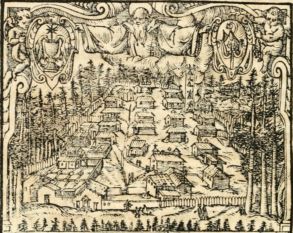 An illustration from Catalogus sanctorum et beatorum totius ordinis Camaldulensis : in quo etiam religionis initium, & viri dignitate atq[ue] virtutibus clari describuntur, 1606, leaf 29