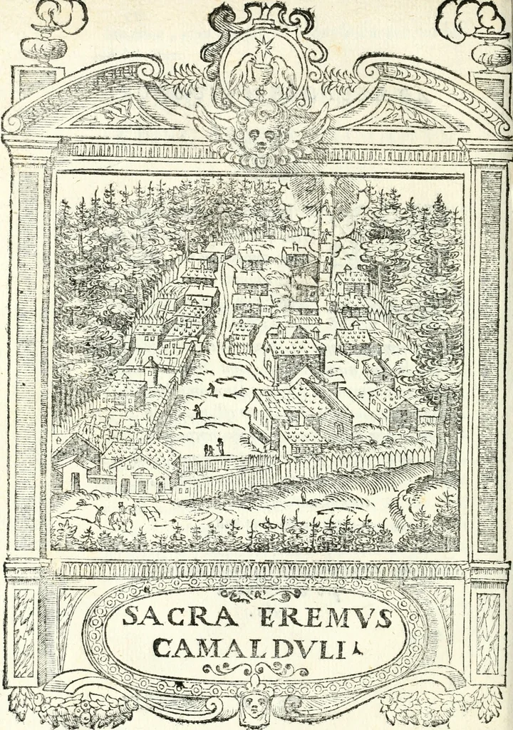 An illustration from Catalogus sanctorum et beatorum totius ordinis Camaldulensis : in quo etiam religionis initium, & viri dignitate atq[ue] virtutibus clari describuntur, 1606, leaf 55