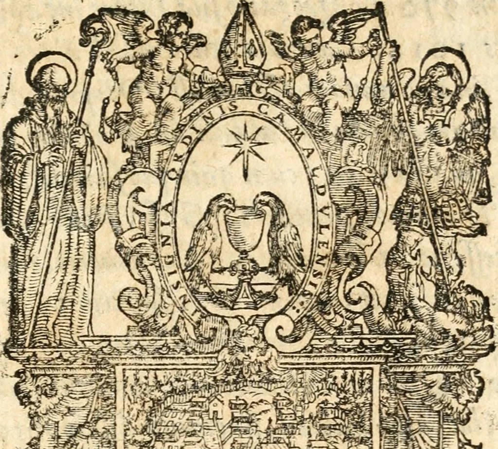 An illustration from Catalogus sanctorum et beatorum totius ordinis Camaldulensis : in quo etiam religionis initium, & viri dignitate atq[ue] virtutibus clari describuntur, 1606, leaf 8