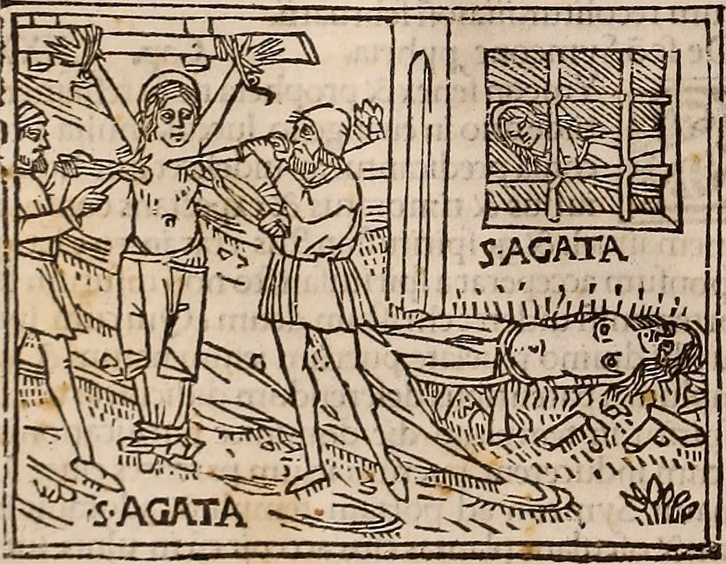 An illustration from Catalogus sanctorum [et] gestorum eoru[m] ex diuersis voluminibus collectus: editus a reuere[n]dissimo in [Christo] patre domino Petro de natalibus de venetijs dei gratia e[pisco]po Equilino, 1506, leaf 107