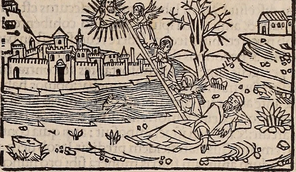 An illustration from Catalogus sanctorum [et] gestorum eoru[m] ex diuersis voluminibus collectus: editus a reuere[n]dissimo in [Christo] patre domino Petro de natalibus de venetijs dei gratia e[pisco]po Equilino, 1506, leaf 112