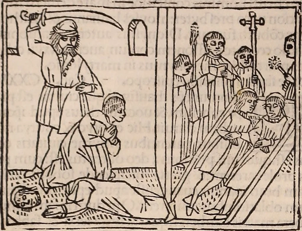 An illustration from Catalogus sanctorum [et] gestorum eoru[m] ex diuersis voluminibus collectus: editus a reuere[n]dissimo in [Christo] patre domino Petro de natalibus de venetijs dei gratia e[pisco]po Equilino, 1506, leaf 123