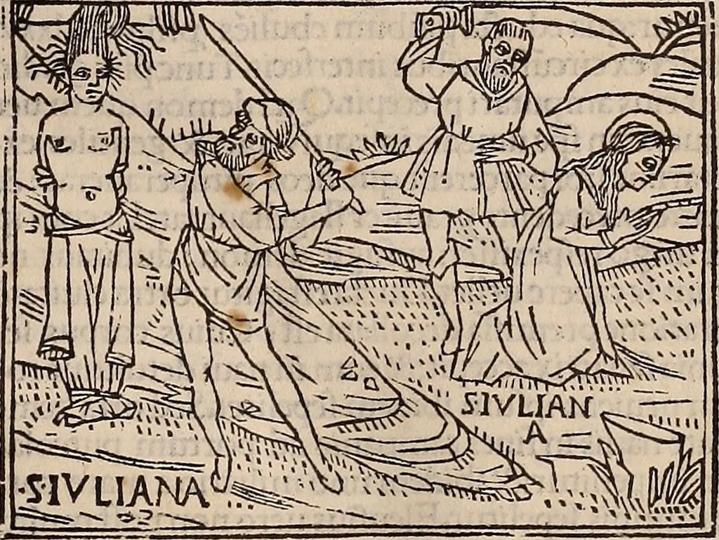 An illustration from Catalogus sanctorum [et] gestorum eoru[m] ex diuersis voluminibus collectus: editus a reuere[n]dissimo in [Christo] patre domino Petro de natalibus de venetijs dei gratia e[pisco]po Equilino, 1506, leaf 124