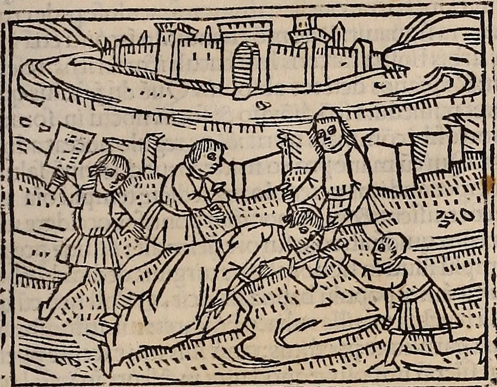 An illustration from Catalogus sanctorum [et] gestorum eoru[m] ex diuersis voluminibus collectus: editus a reuere[n]dissimo in [Christo] patre domino Petro de natalibus de venetijs dei gratia e[pisco]po Equilino, 1506, leaf 158