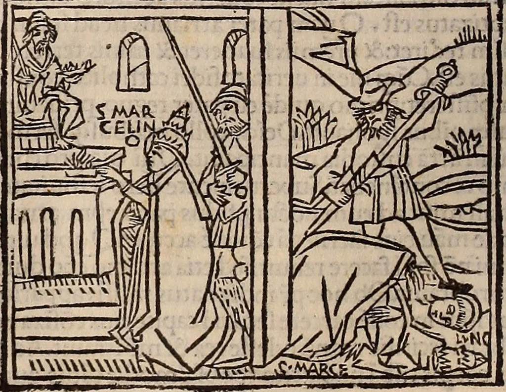 An illustration from Catalogus sanctorum [et] gestorum eoru[m] ex diuersis voluminibus collectus: editus a reuere[n]dissimo in [Christo] patre domino Petro de natalibus de venetijs dei gratia e[pisco]po Equilino, 1506, leaf 167