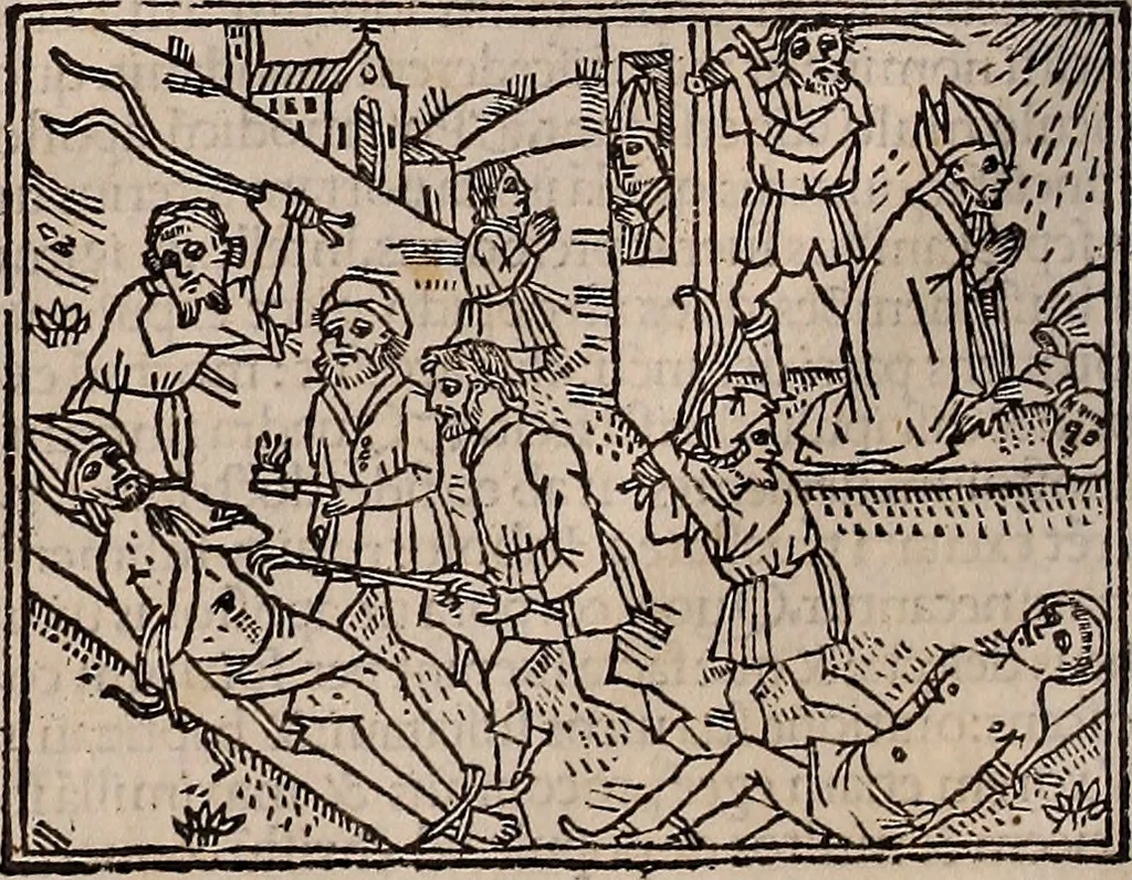 An illustration from Catalogus sanctorum [et] gestorum eoru[m] ex diuersis voluminibus collectus: editus a reuere[n]dissimo in [Christo] patre domino Petro de natalibus de venetijs dei gratia e[pisco]po Equilino, 1506, leaf 19
