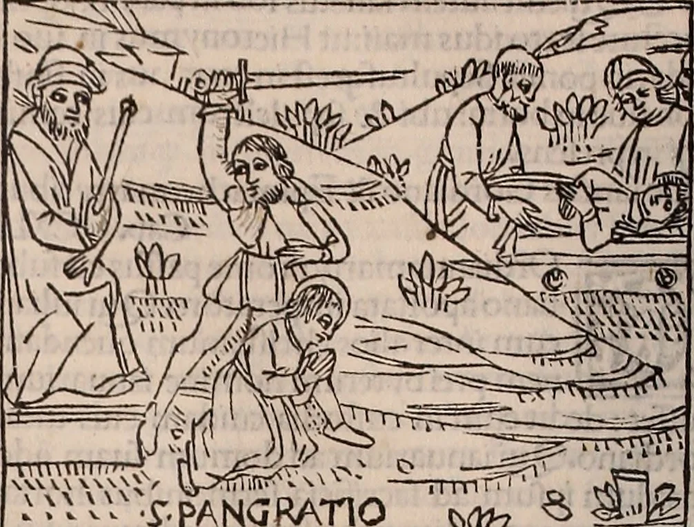 An illustration from Catalogus sanctorum [et] gestorum eoru[m] ex diuersis voluminibus collectus: editus a reuere[n]dissimo in [Christo] patre domino Petro de natalibus de venetijs dei gratia e[pisco]po Equilino, 1506, leaf 199