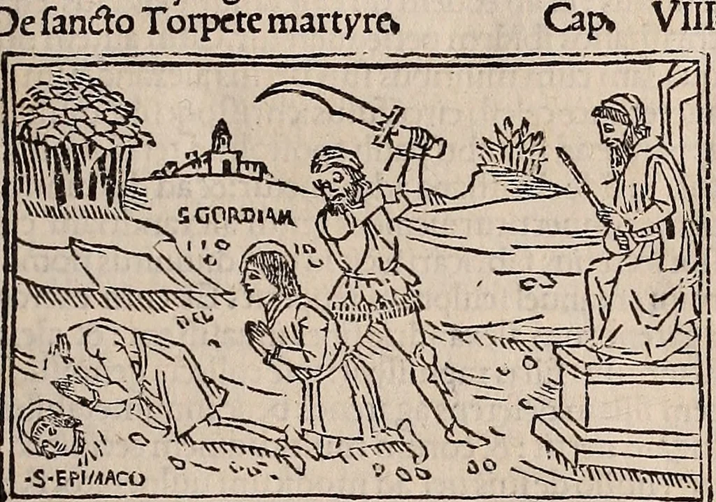 An illustration from Catalogus sanctorum [et] gestorum eoru[m] ex diuersis voluminibus collectus: editus a reuere[n]dissimo in [Christo] patre domino Petro de natalibus de venetijs dei gratia e[pisco]po Equilino, 1506, leaf 210