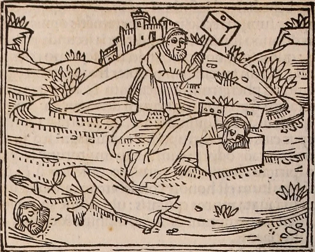 An illustration from Catalogus sanctorum [et] gestorum eoru[m] ex diuersis voluminibus collectus: editus a reuere[n]dissimo in [Christo] patre domino Petro de natalibus de venetijs dei gratia e[pisco]po Equilino, 1506, leaf 211