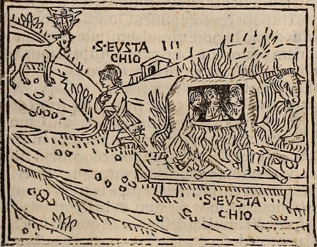 An illustration from Catalogus sanctorum [et] gestorum eoru[m] ex diuersis voluminibus collectus: editus a reuere[n]dissimo in [Christo] patre domino Petro de natalibus de venetijs dei gratia e[pisco]po Equilino, 1506, leaf 214