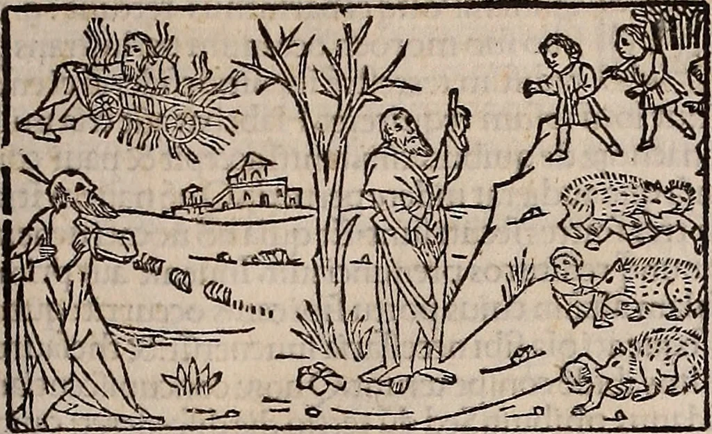An illustration from Catalogus sanctorum [et] gestorum eoru[m] ex diuersis voluminibus collectus: editus a reuere[n]dissimo in [Christo] patre domino Petro de natalibus de venetijs dei gratia e[pisco]po Equilino, 1506, leaf 242