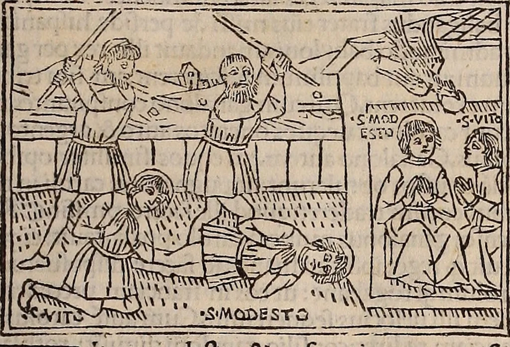 An illustration from Catalogus sanctorum [et] gestorum eoru[m] ex diuersis voluminibus collectus: editus a reuere[n]dissimo in [Christo] patre domino Petro de natalibus de venetijs dei gratia e[pisco]po Equilino, 1506, leaf 244