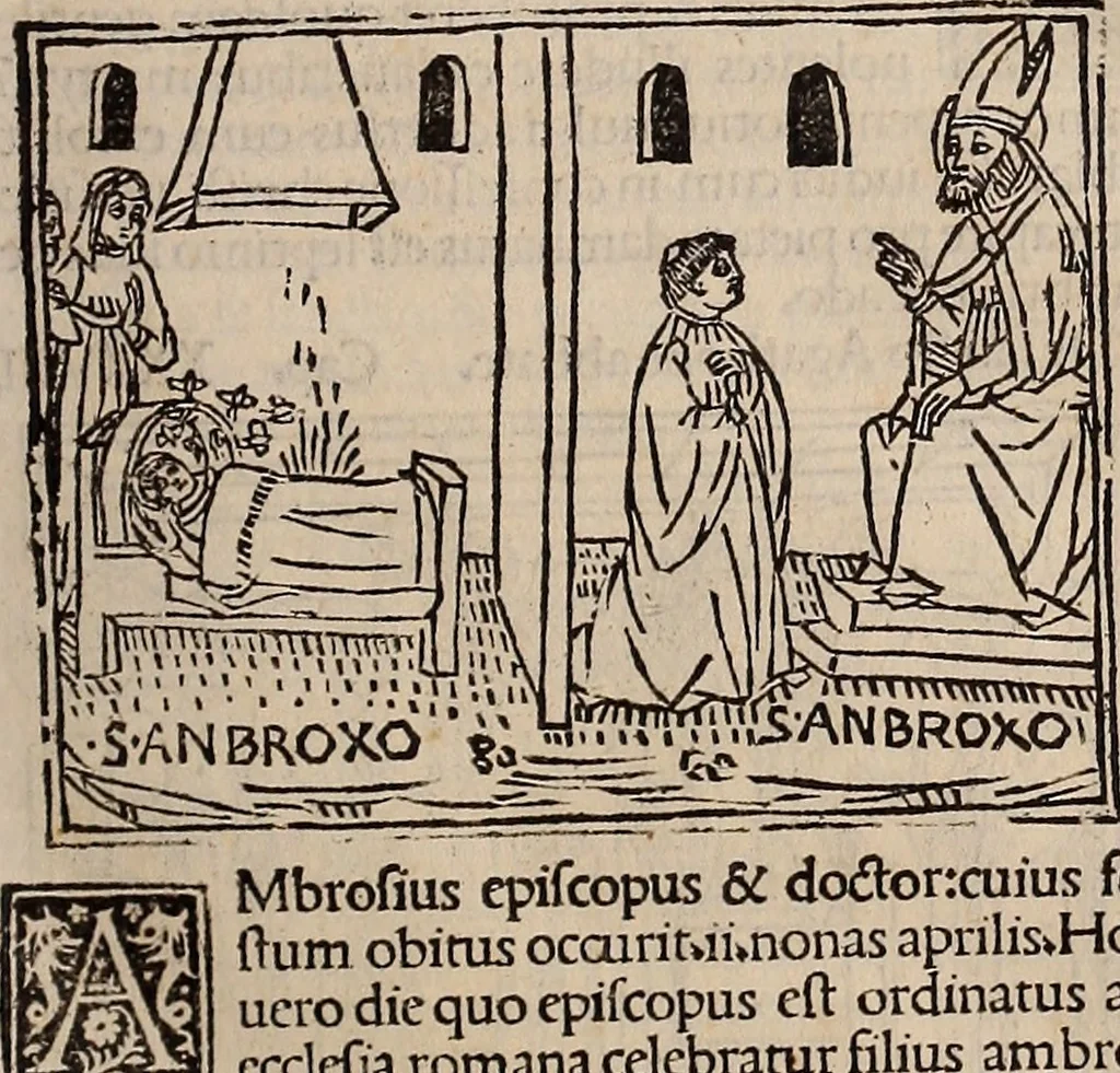 An illustration from Catalogus sanctorum [et] gestorum eoru[m] ex diuersis voluminibus collectus: editus a reuere[n]dissimo in [Christo] patre domino Petro de natalibus de venetijs dei gratia e[pisco]po Equilino, 1506, leaf 26